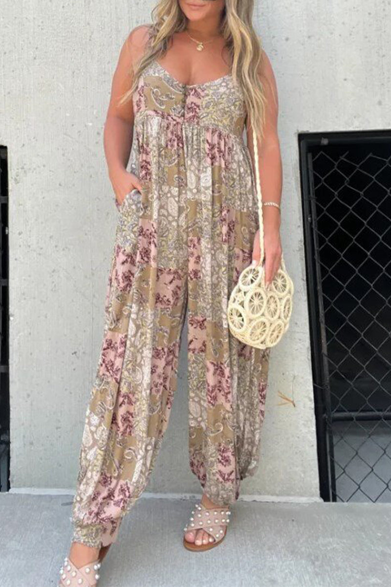 Casual Floral Pocket V Neck Loose Jumpsuits