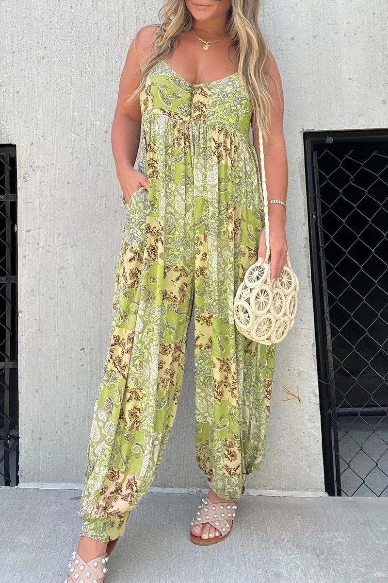 Casual Floral Pocket V Neck Loose Jumpsuits