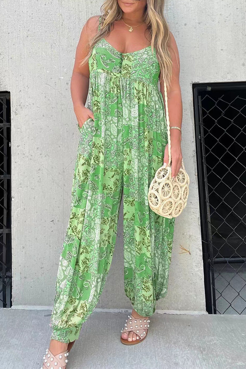 Casual Floral Pocket V Neck Loose Jumpsuits