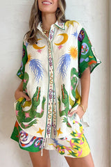 Casual Print Patchwork Turndown Collar Short Sleeve Two Pieces