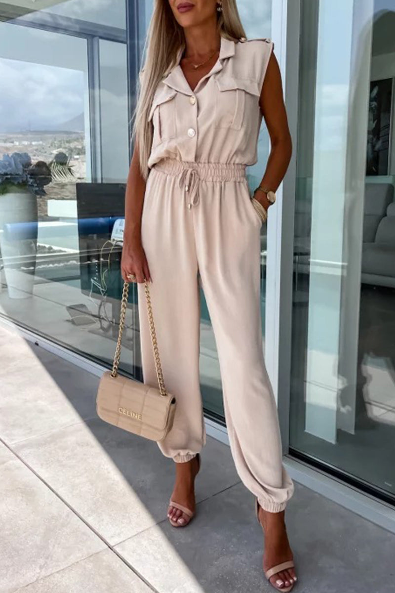 British Style Solid Pocket Turndown Collar Loose Jumpsuits