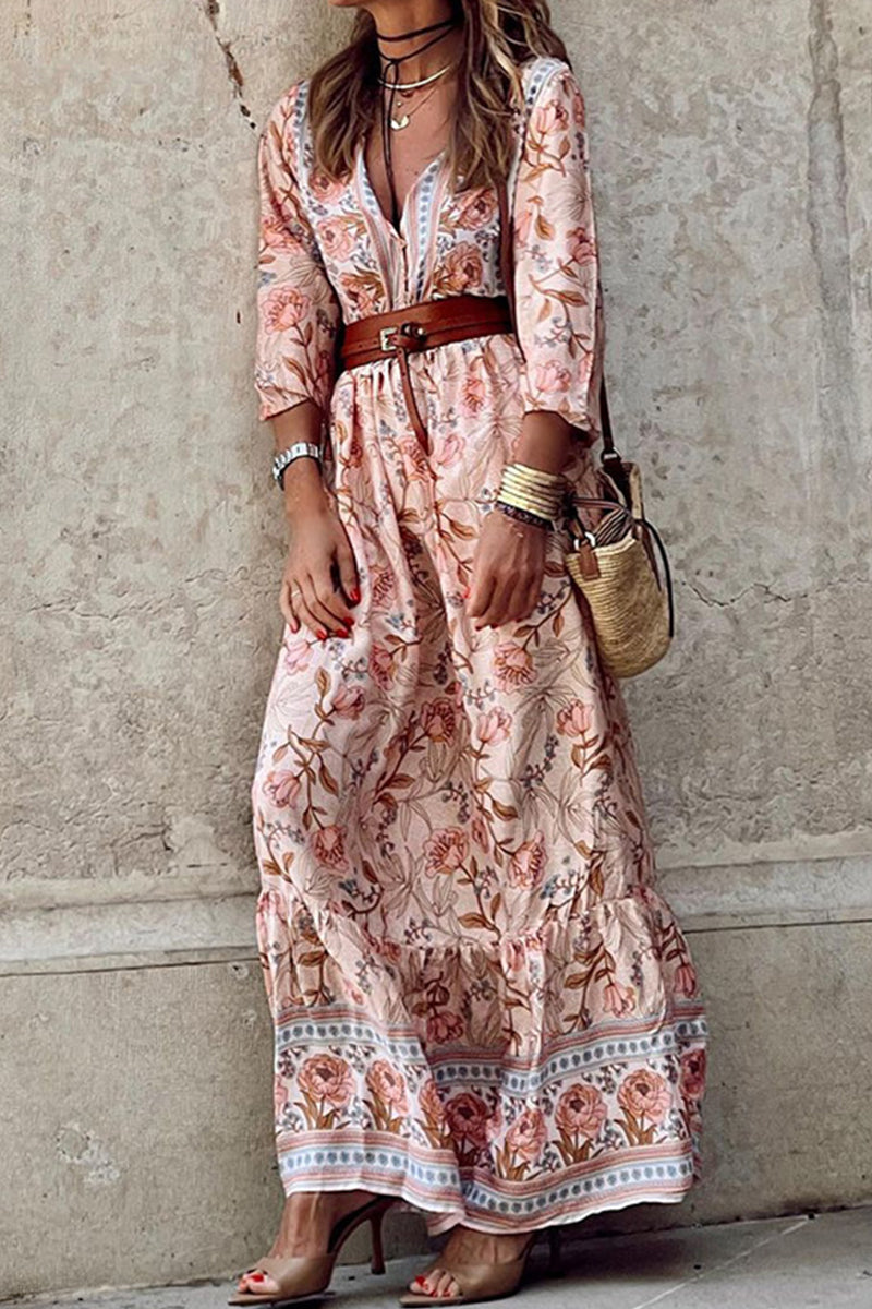 Bohemian Floral With Belt V Neck A Line Dresses