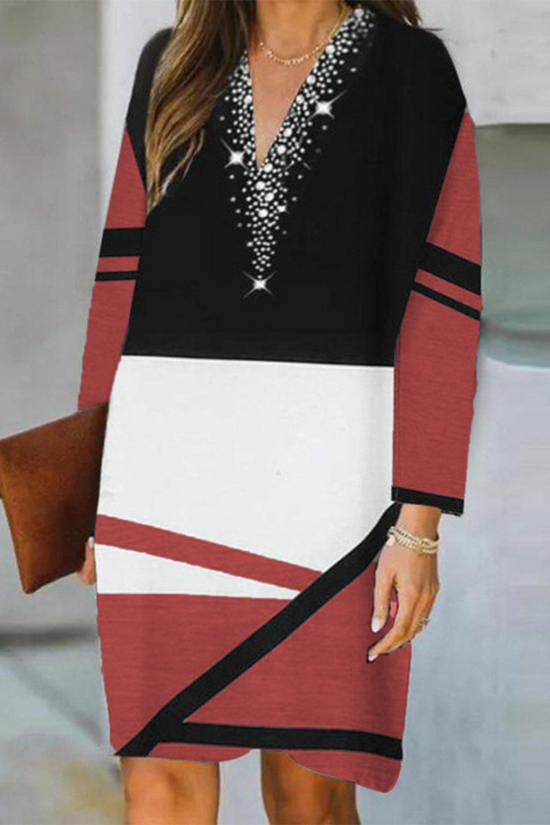 Casual Color Block Contrast V Neck Long Sleeve Dresses