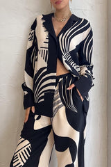 Casual Geometric Print Pocket Turndown Collar Two Pieces