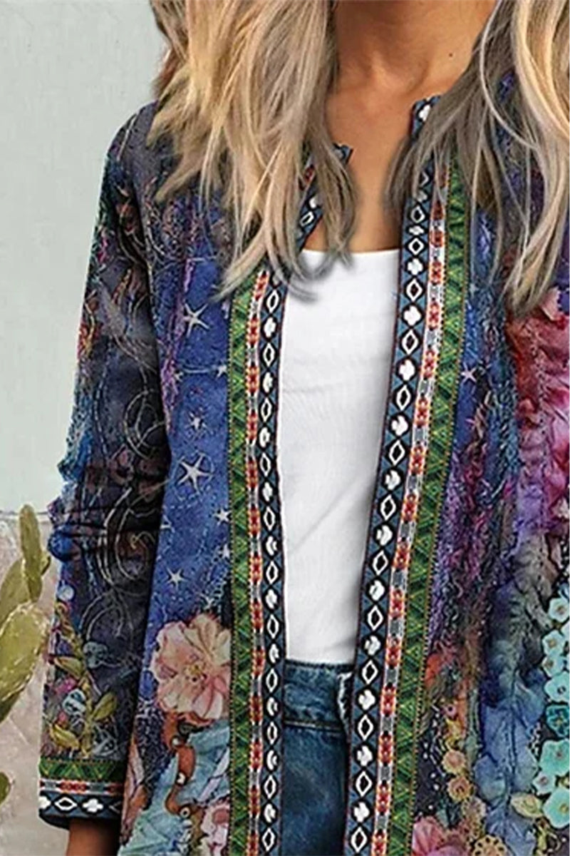 Casual Print Pocket O Neck Outerwear