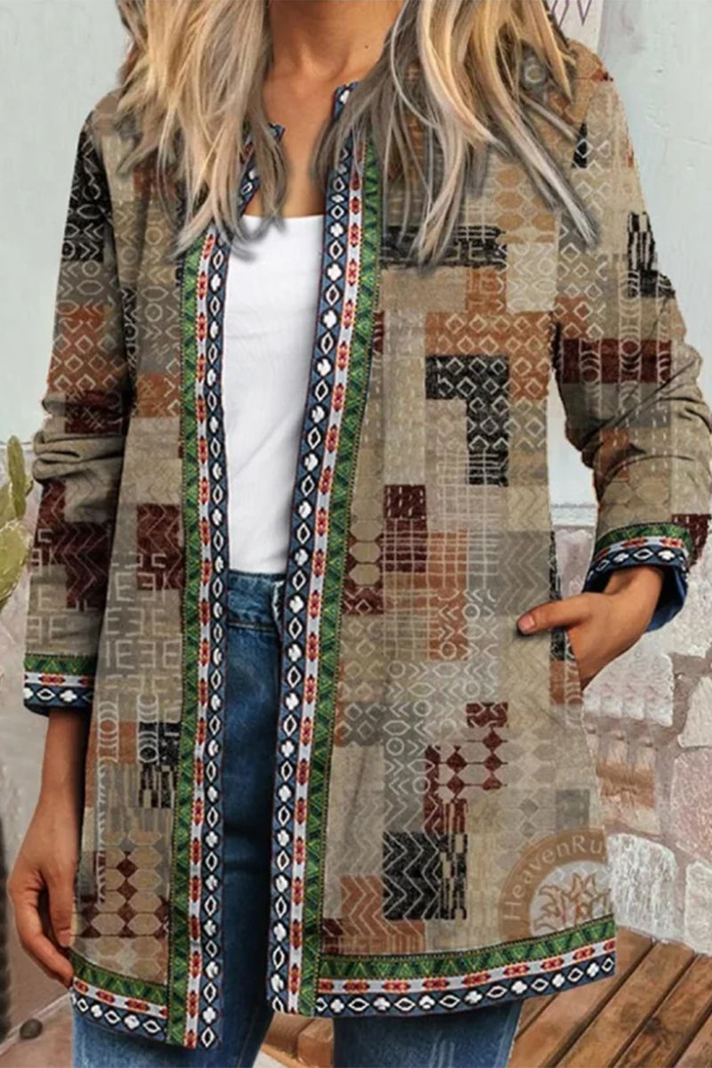 Casual Print Pocket O Neck Outerwear