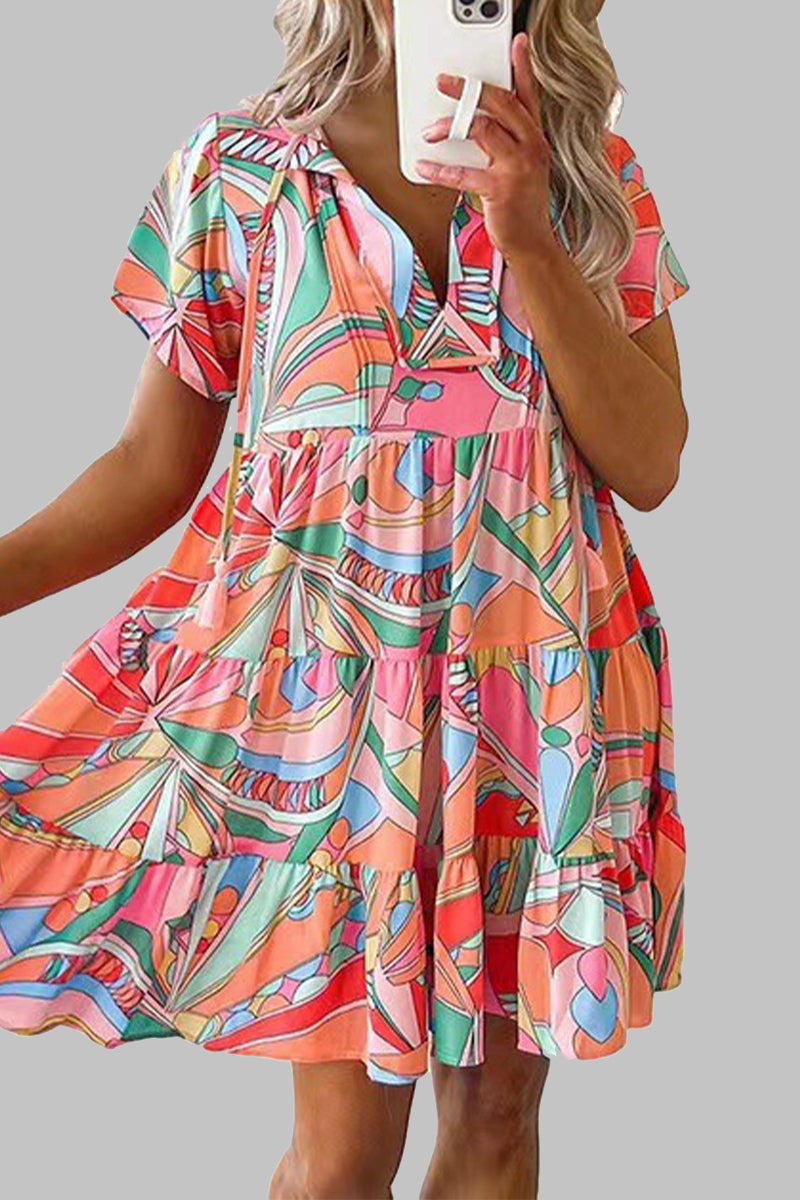 Bohemian Geometric Print V Neck A Line Dresses