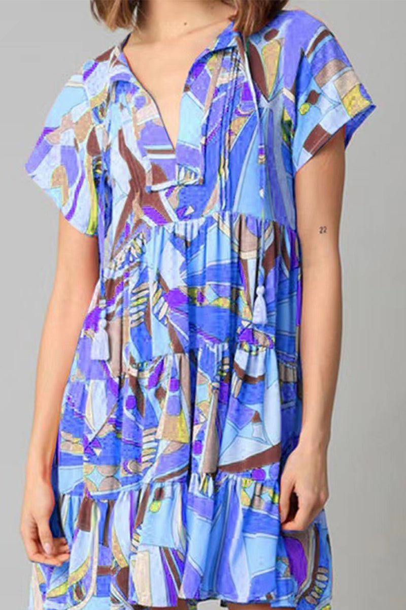 Bohemian Geometric Print V Neck A Line Dresses