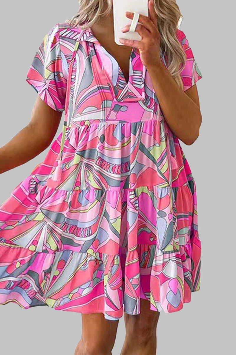 Bohemian Geometric Print V Neck A Line Dresses