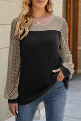 Casual Color Block Lace Hollowed Out Contrast O Neck Tops