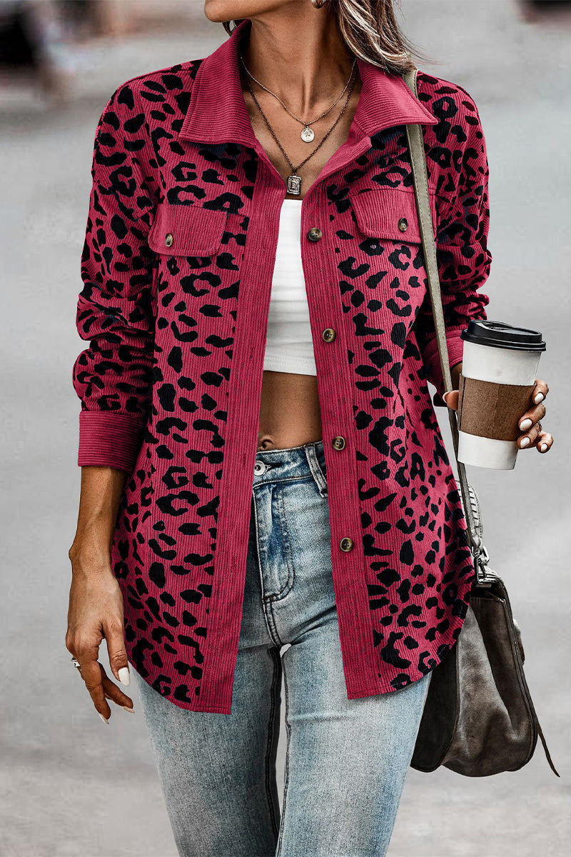 Casual Sweet Leopard Pocket Turndown Collar Tops