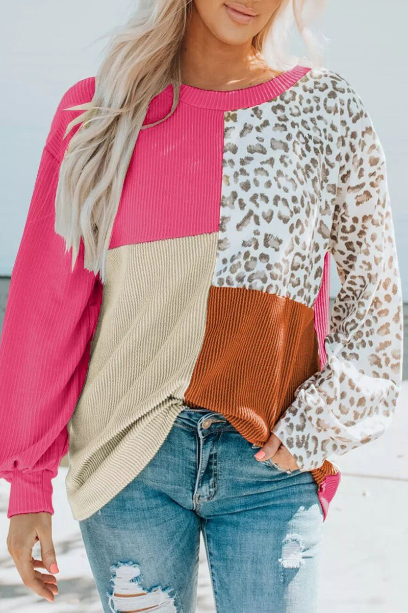 Casual Solid Leopard Contrast O Neck Tops