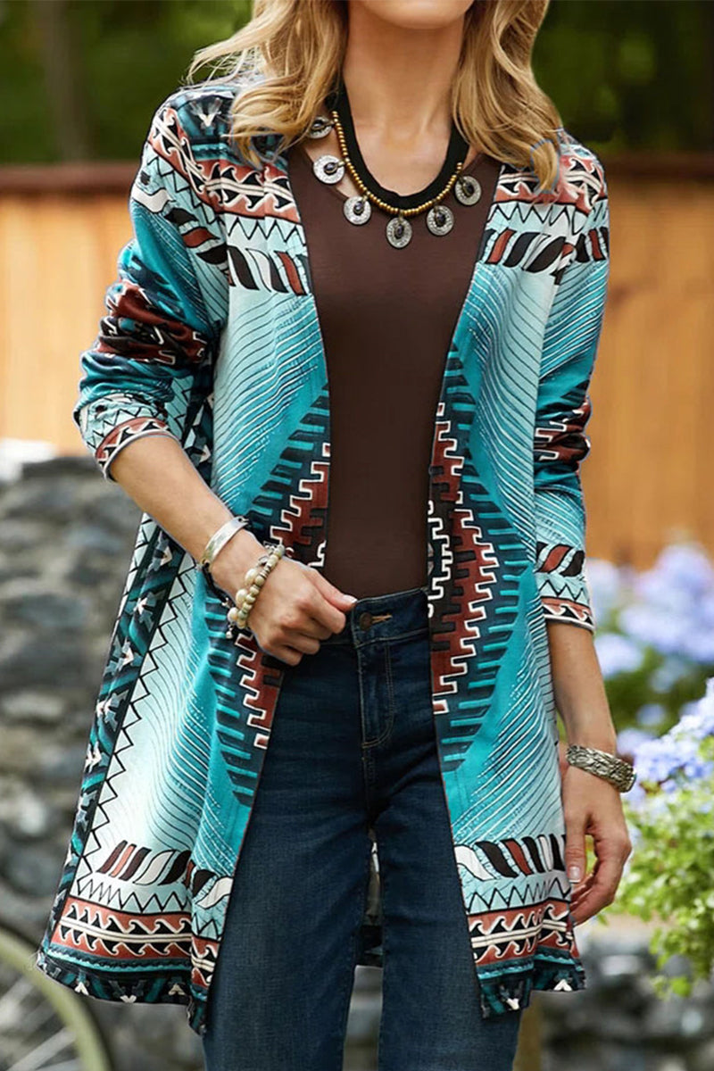 Casual College Geometric Printing Cardigan Collar Outerwear(5 Colors)