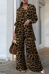 Casual Leopard Patchwork Turndown Collar Long Sleeve Two Pieces(3 Colors)