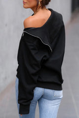 Street Solid Zipper Asymmetrical Collar Tops