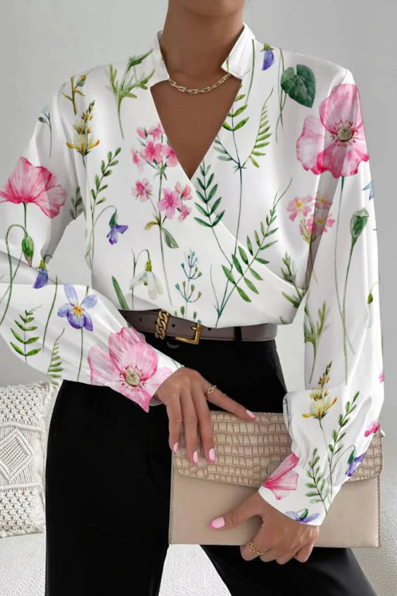 Casual Print Patchwork V Neck Blouses(6 Colors)