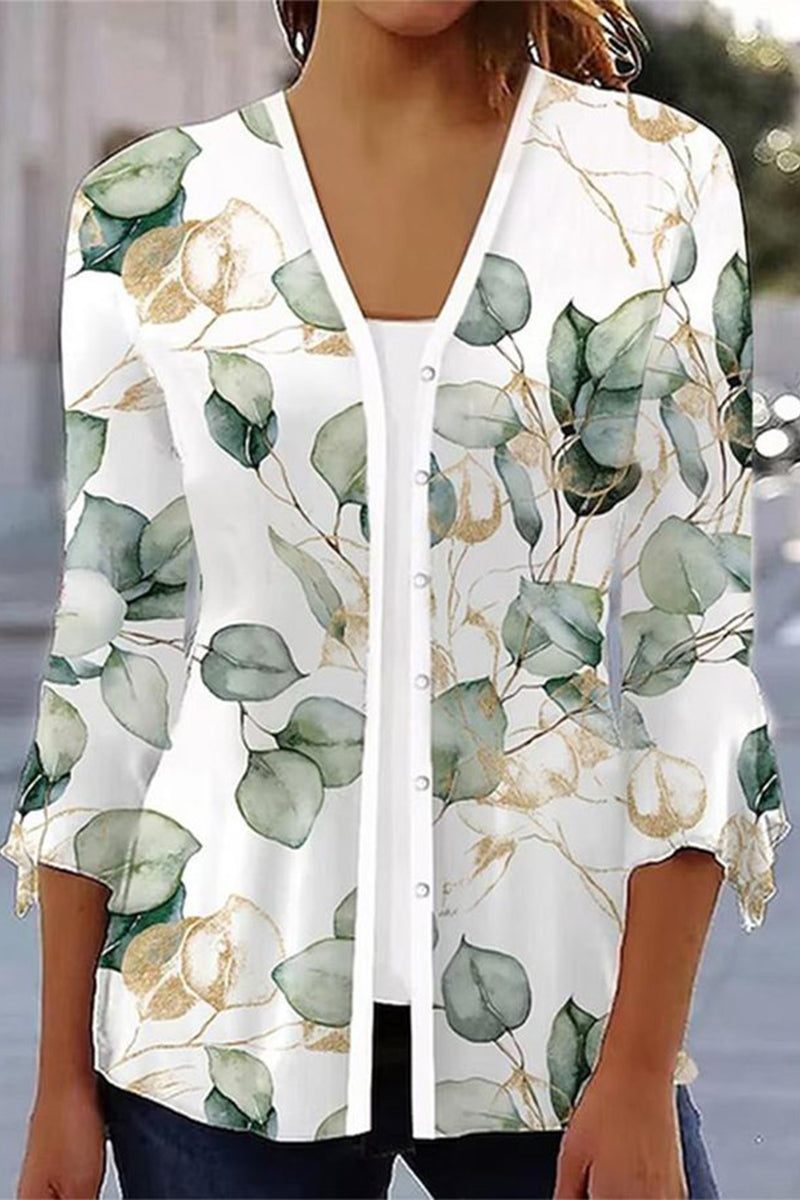 Casual Print Patchwork V Neck Outerwear