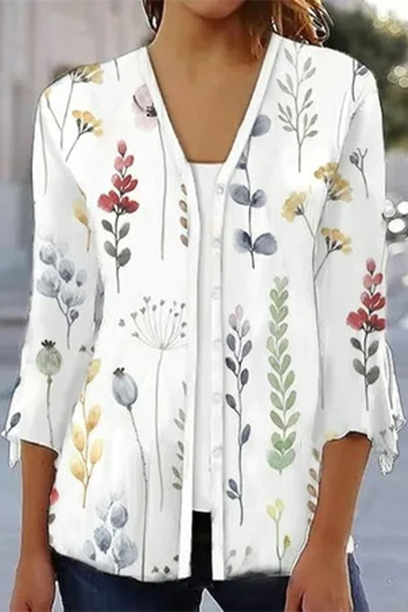 Casual Print Patchwork V Neck Outerwear