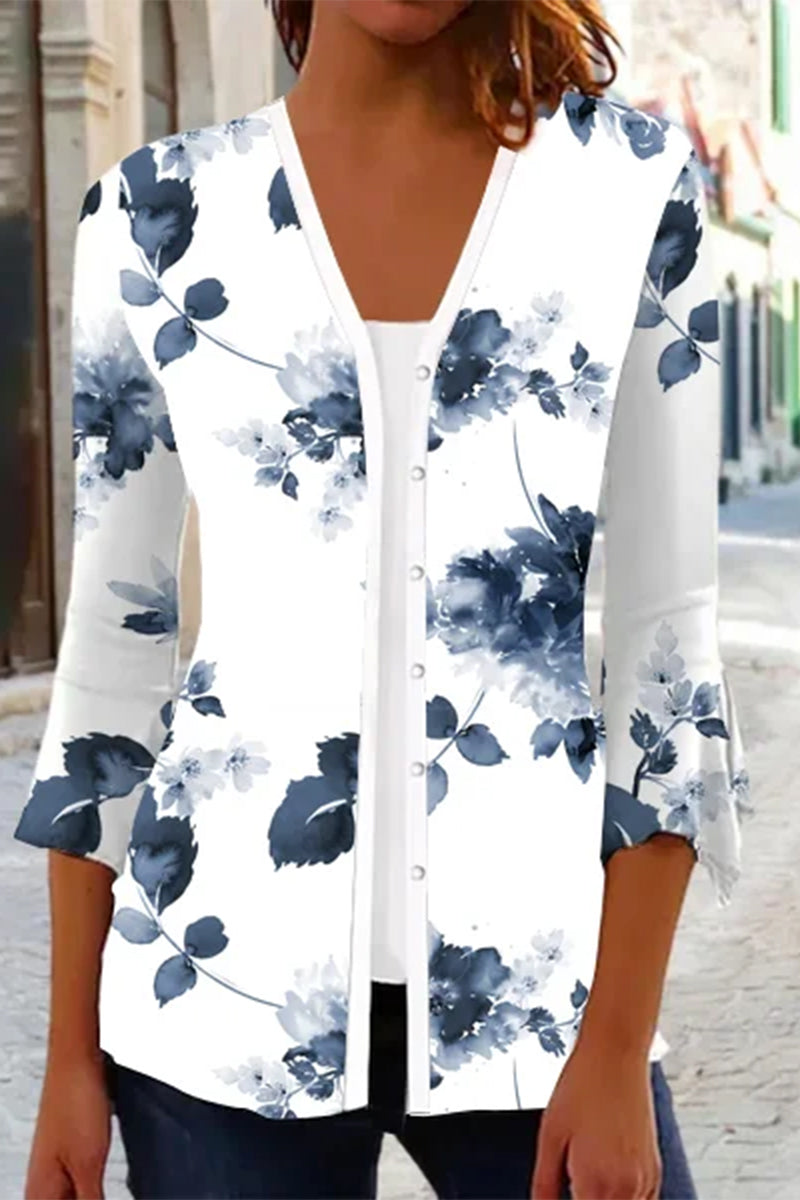 Casual Print Patchwork V Neck Outerwear