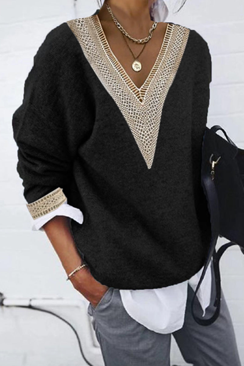 Casual Solid Patchwork V Neck Tops