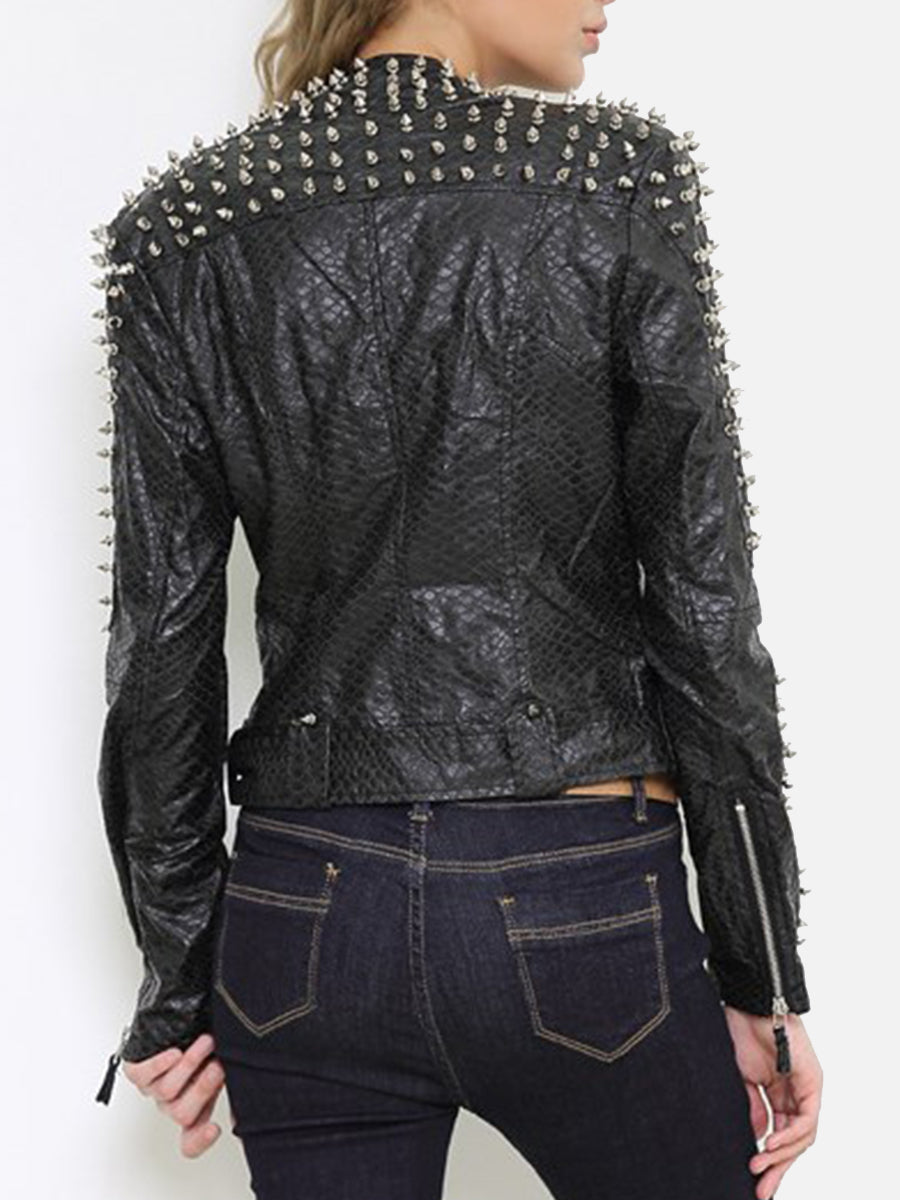 Casual Punk Solid Rivets Turndown Collar Outerwear