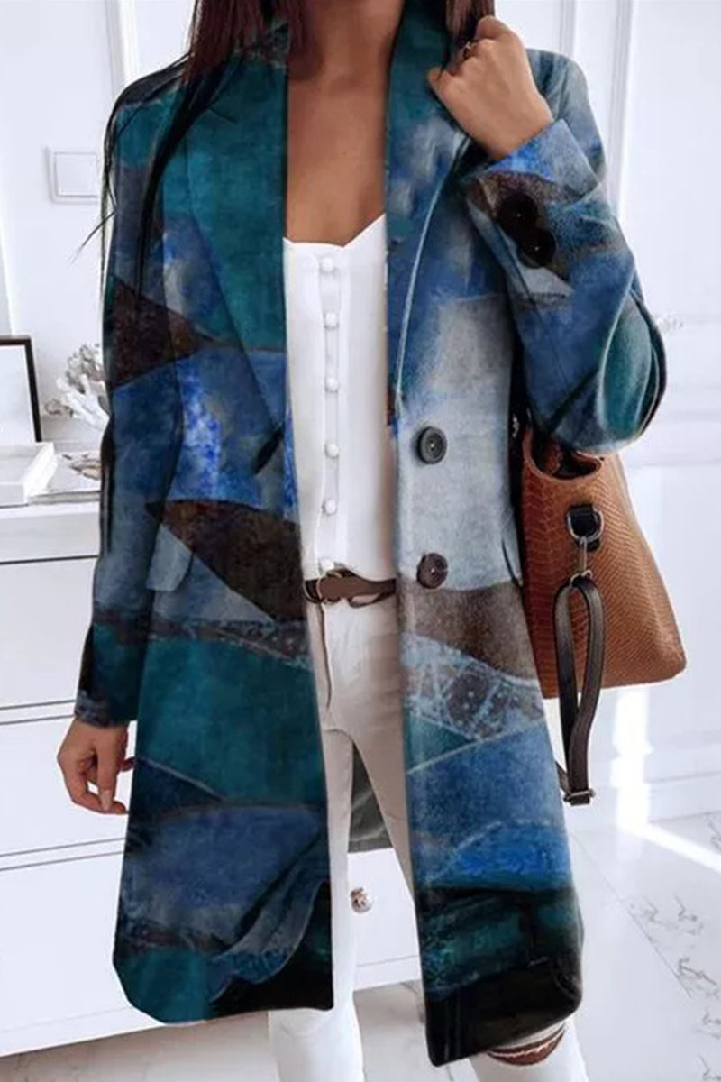 Casual College Geometric Printing Turn-back Collar Outerwear