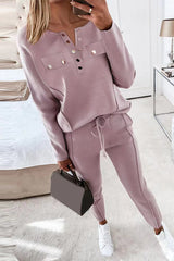 Casual Buckle V Neck Long Sleeve Two Pieces(2 Colors)