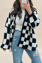 Casual Plaid Contrast Cardigan Collar Outerwear(3 Colors)