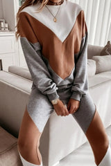 Casual Color Block Contrast O Neck Long Sleeve Two Pieces