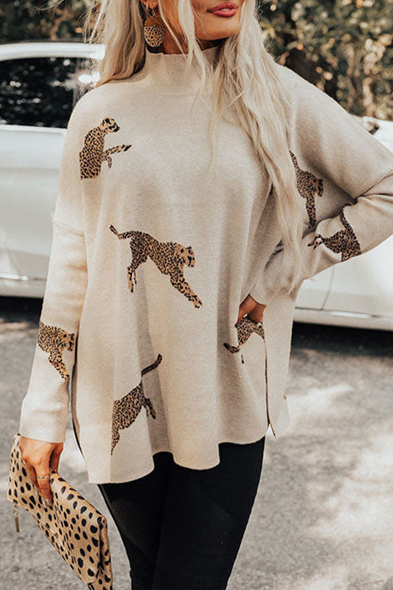 Casual Animal Slit Printing Turtleneck Tops(4 Colors)