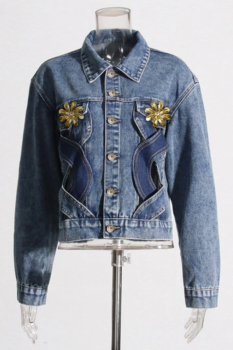 Casual Patchwork Buttons Turndown Collar Long Sleeve Regular Denim Jacket (Subject To The Actual Object)