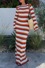 Casual Vacation Striped Contrast O Neck Long Sleeve Dresses