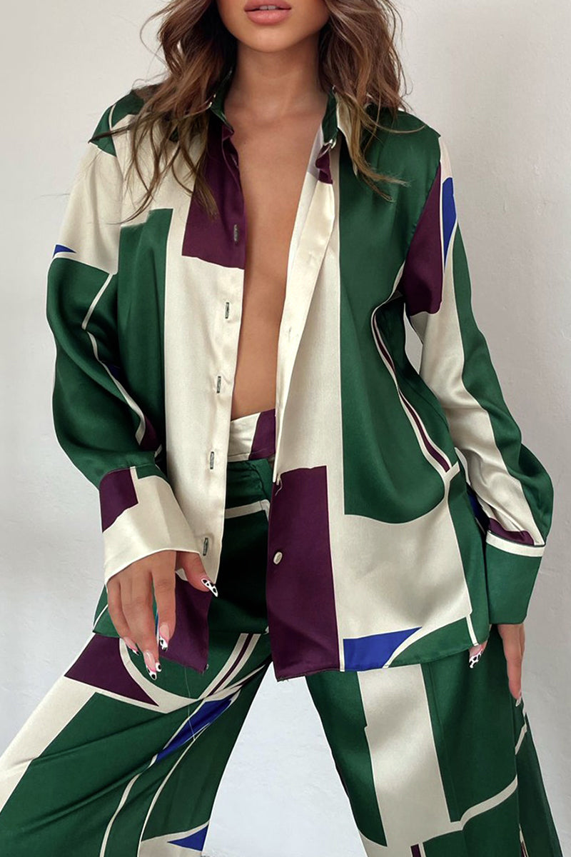 Casual Geometric Printing Turndown Collar Long Sleeve Two Pieces