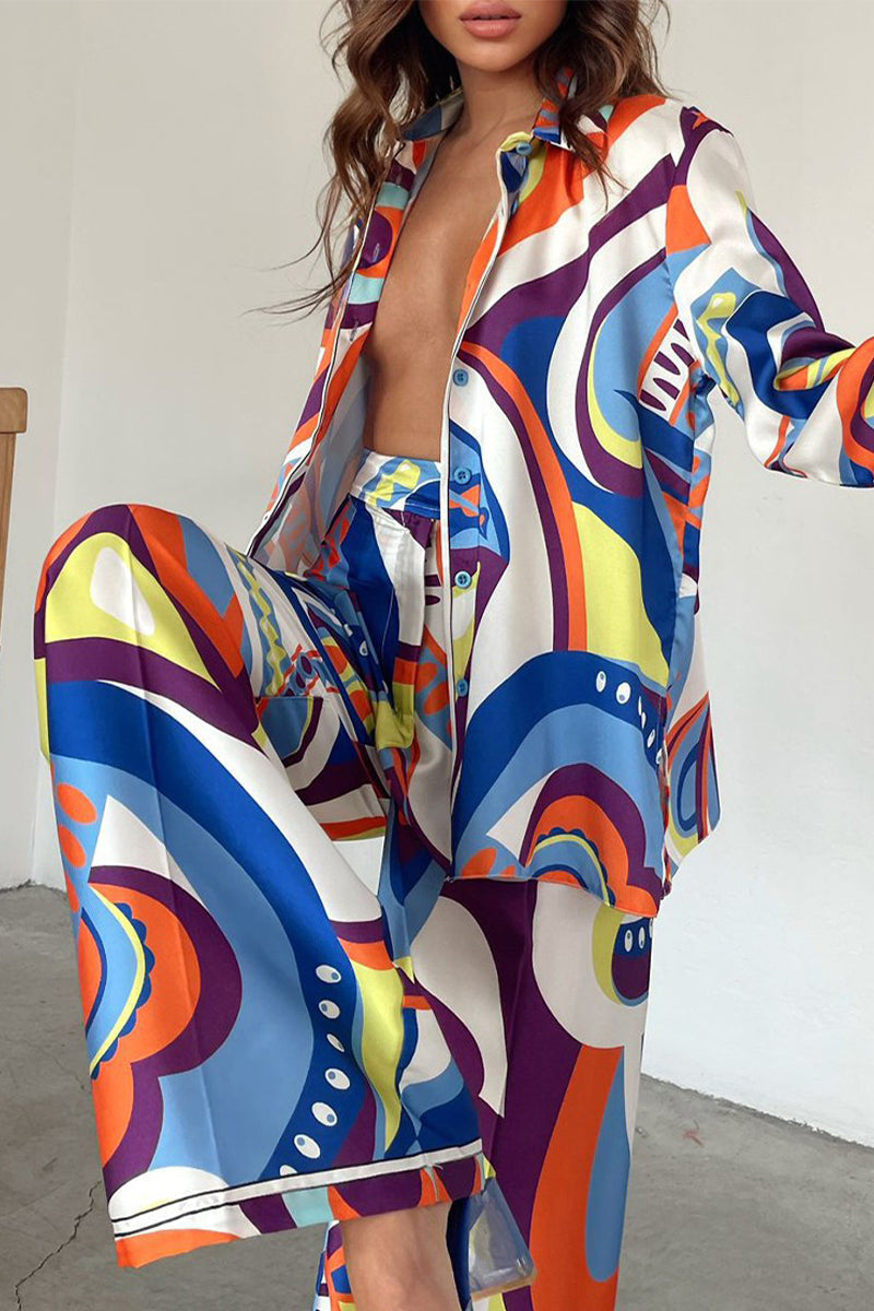 Casual Geometric Printing Turndown Collar Long Sleeve Two Pieces