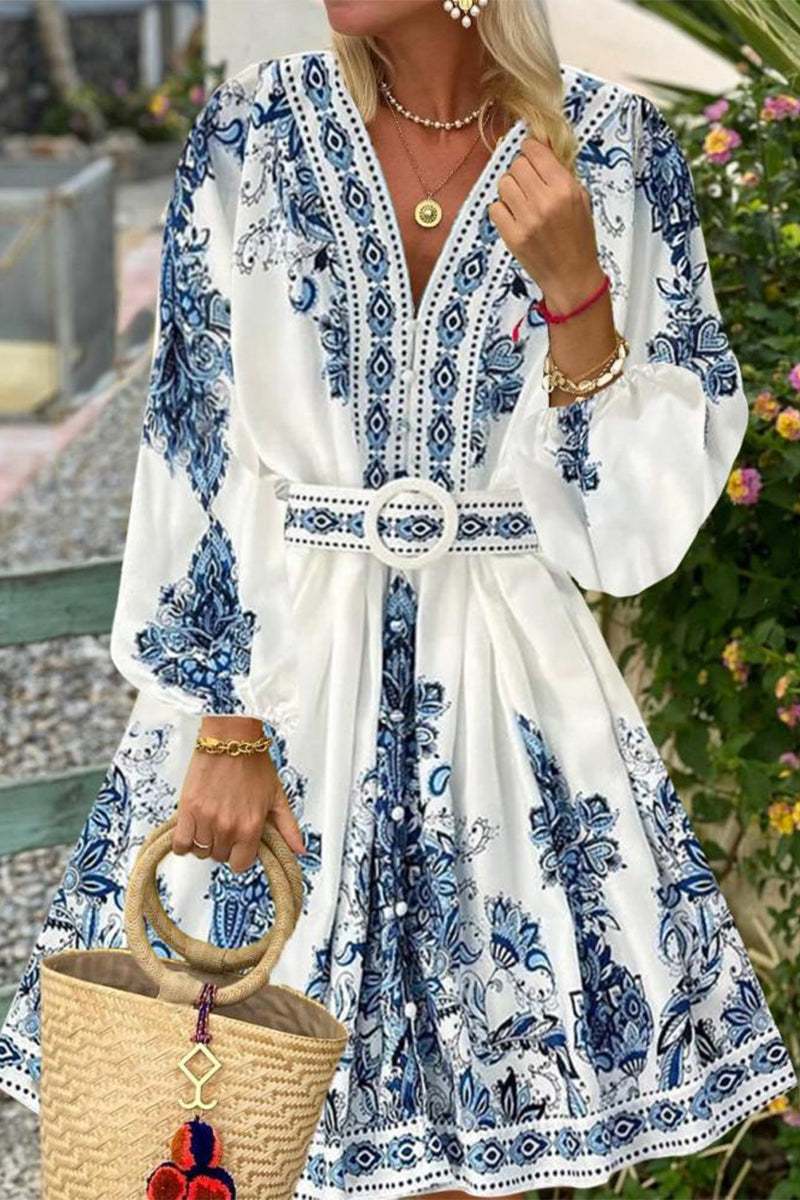 Bohemian Elegant Print With Belt V Neck A Line Dresses