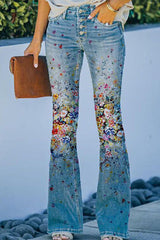 Casual Floral Pocket Regular Denim Jeans