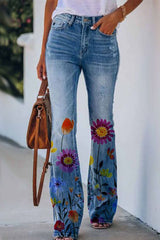 Casual Floral Pocket Regular Denim Jeans