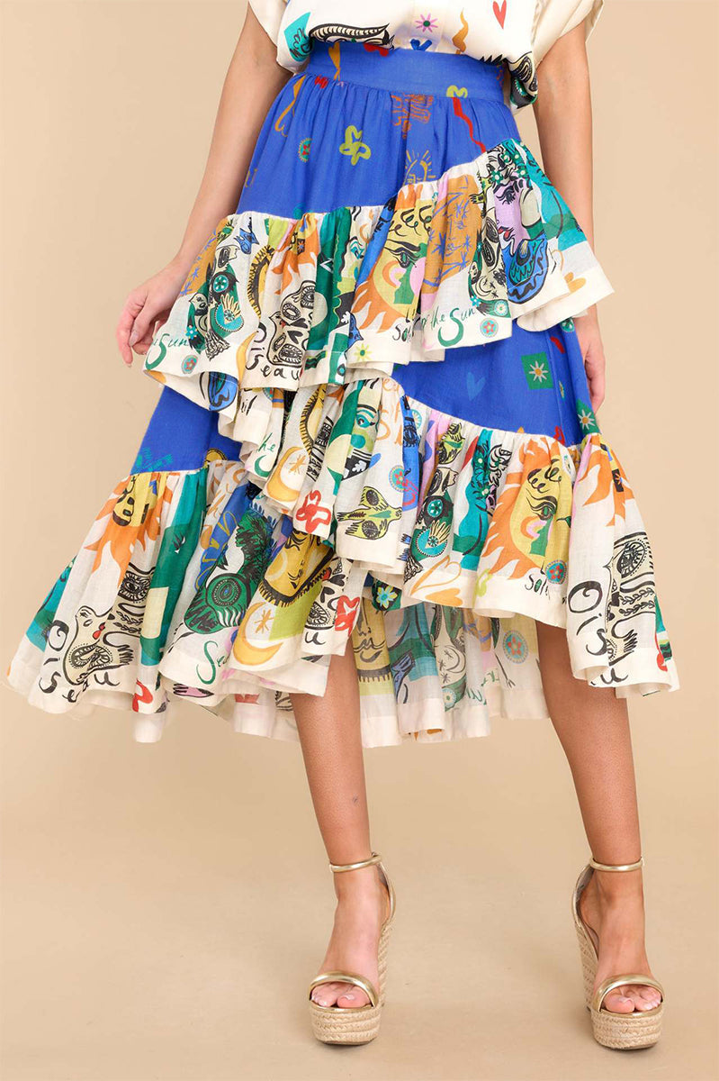 Bohemian Elegant Print Flounce High Waist Type A Patchwork Bottoms