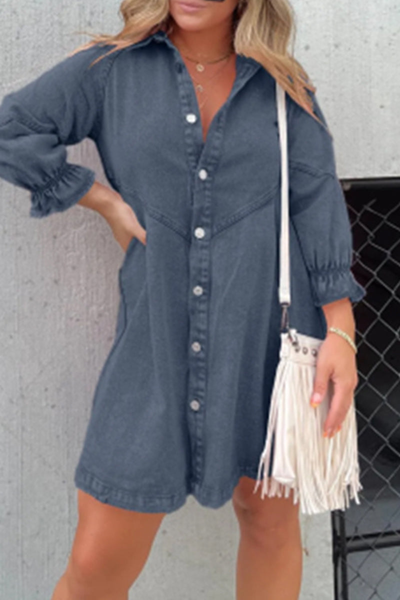 Casual Solid Make Old Buttons Turndown Collar Shirt Dress Dresses