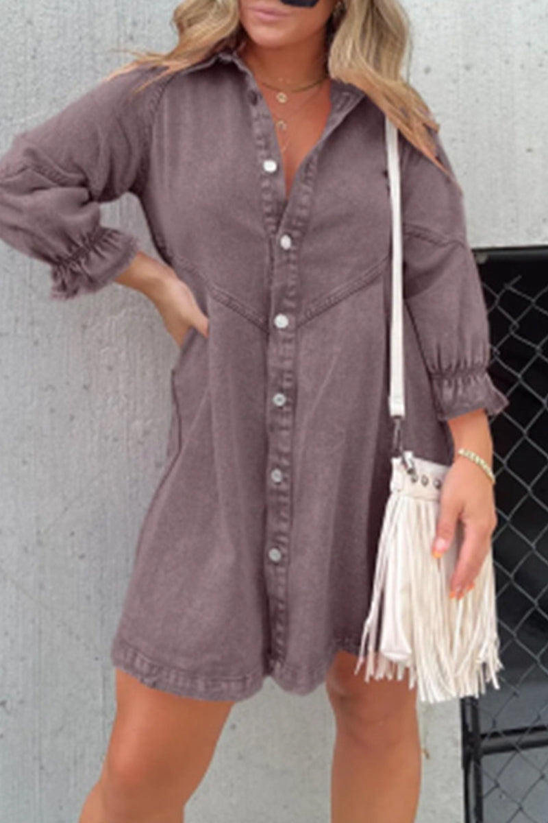 Casual Solid Make Old Buttons Turndown Collar Shirt Dress Dresses