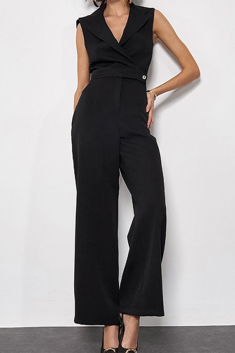 British Style Elegant Solid Patchwork Turn-back Collar Loose Jumpsuits