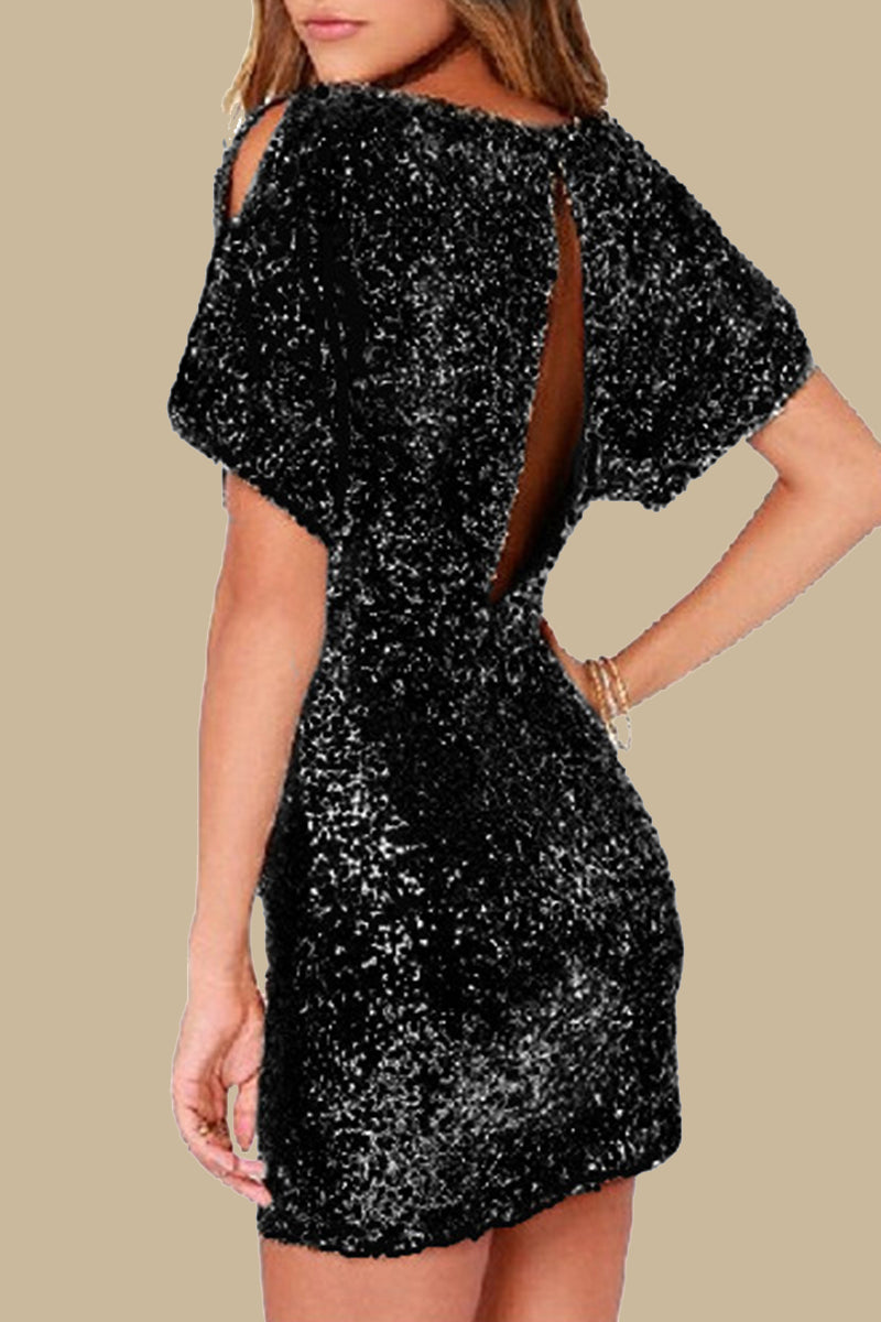 Casual Party Solid Sequins Sequined O Neck Wrapped Skirt Dresses