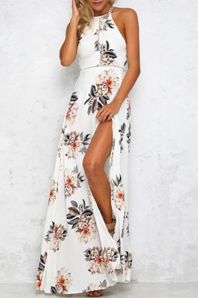 Casual Print Hollowed Out Frenulum Halter Sleeveless Dress Dresses