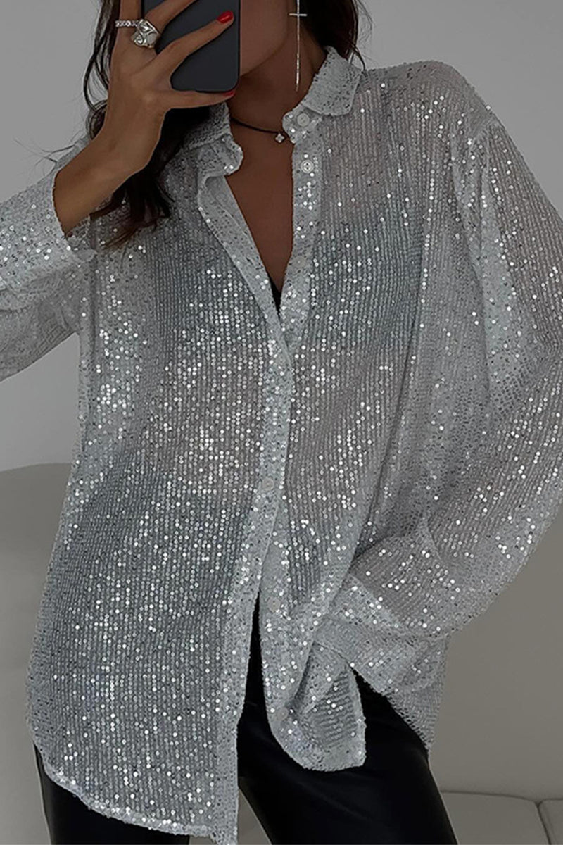 Sexy Solid See-through Sequined Turndown Collar Blouses