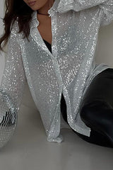 Sexy Solid See-through Sequined Turndown Collar Blouses