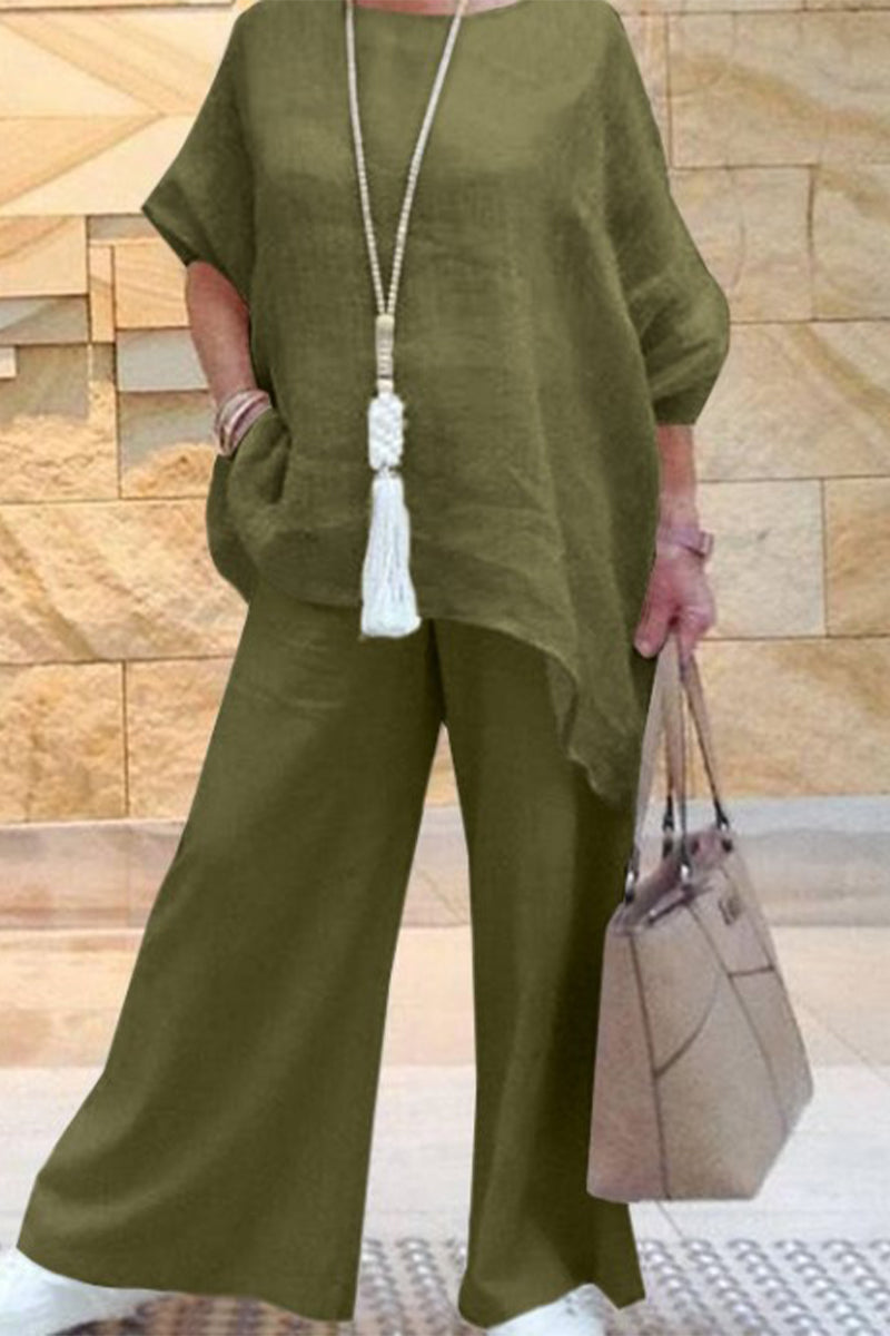 Casual Solid Pocket O Neck Nine Points Sleeve Two Pieces