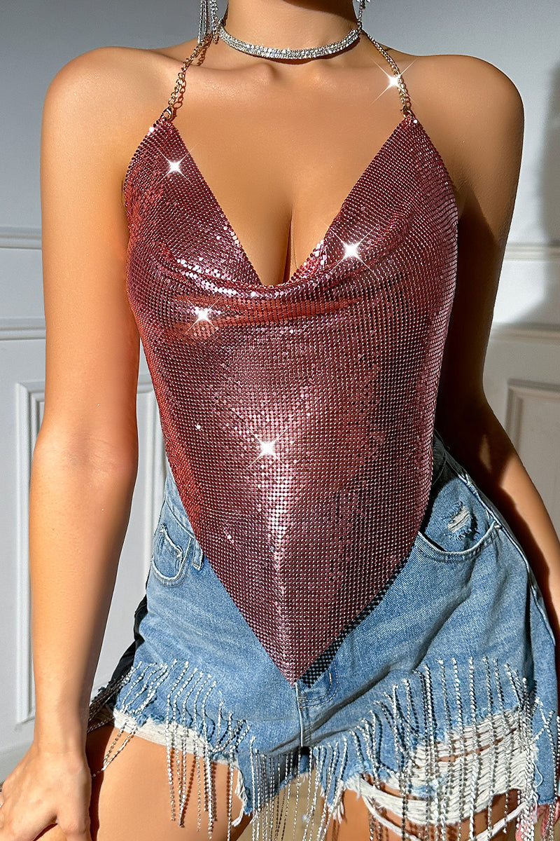 Sexy Solid Sequins Backless Halter Tops