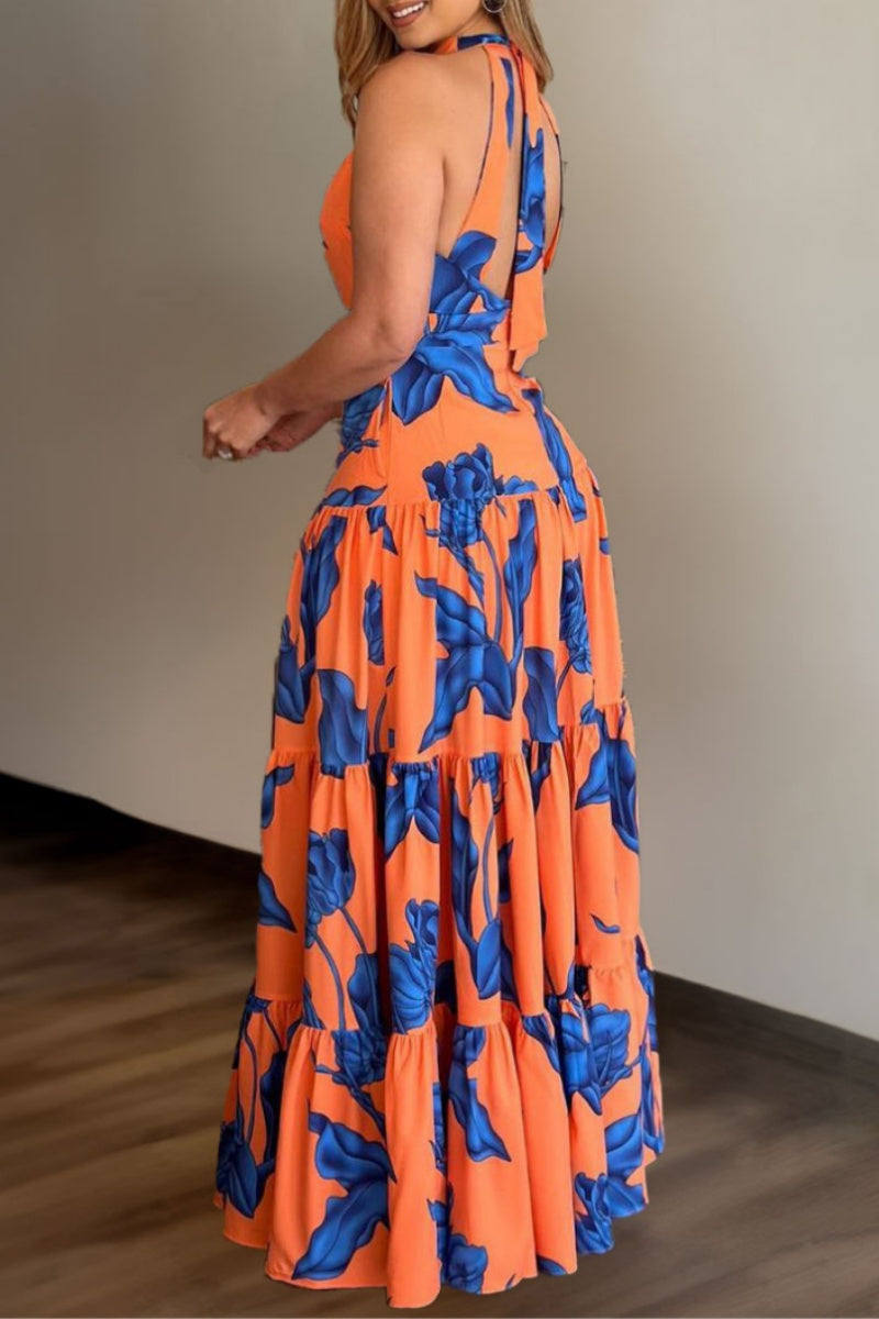 Casual Print Backless Halter Long Dress Dresses