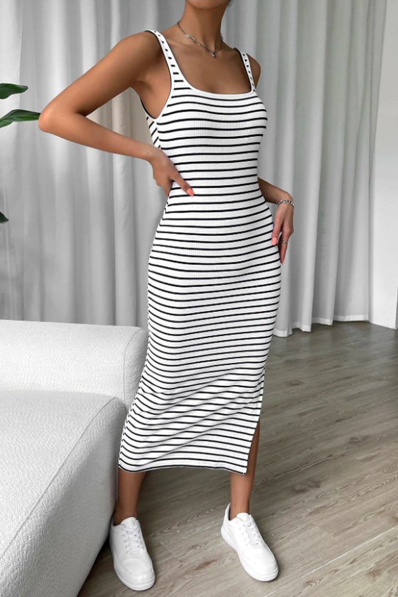 Casual Striped Print Backless U Neck One Step Skirt Dresses