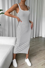 Casual Striped Print Backless U Neck One Step Skirt Dresses